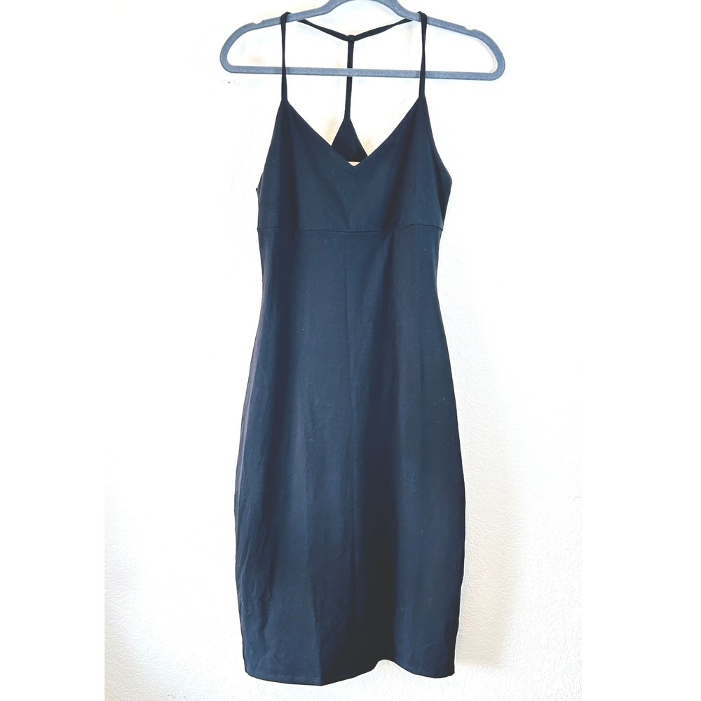 Chaser Minimalist Layering Black Ribbed T-Back Strappy Bodycon Midi Dress SZ M